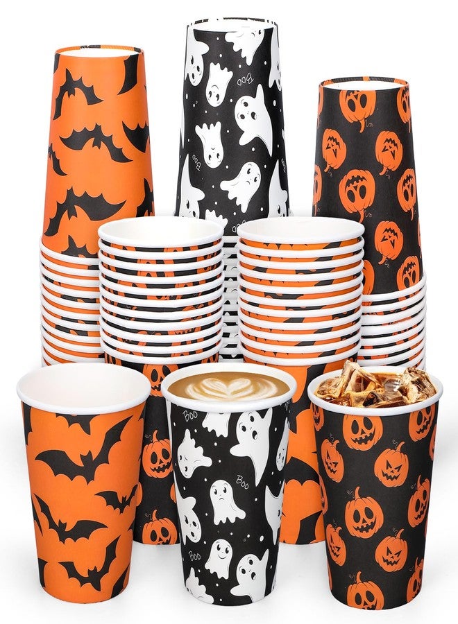 وولاين مجموعة أكواب ورقية للهالوين من والين، 120 قطعة، بتصميمات اليقطين والأشباح والخفافيش، 3 تصميمات، باللونين الأسود والبرتقالي، مثالية لحفلات المشروبات الباردة والساخنة، مستلزمات تزيين الطاولة، سعة 9 أونصة. - Image 1